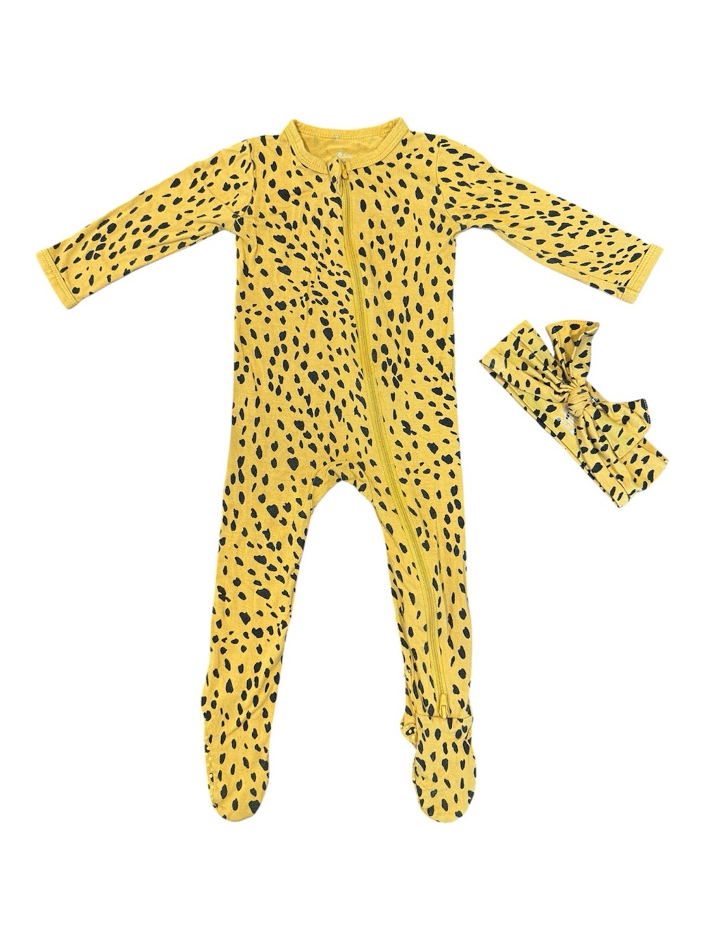 Kyte BABY Yellow Cheetah-Print Footed One-Piece with Headband